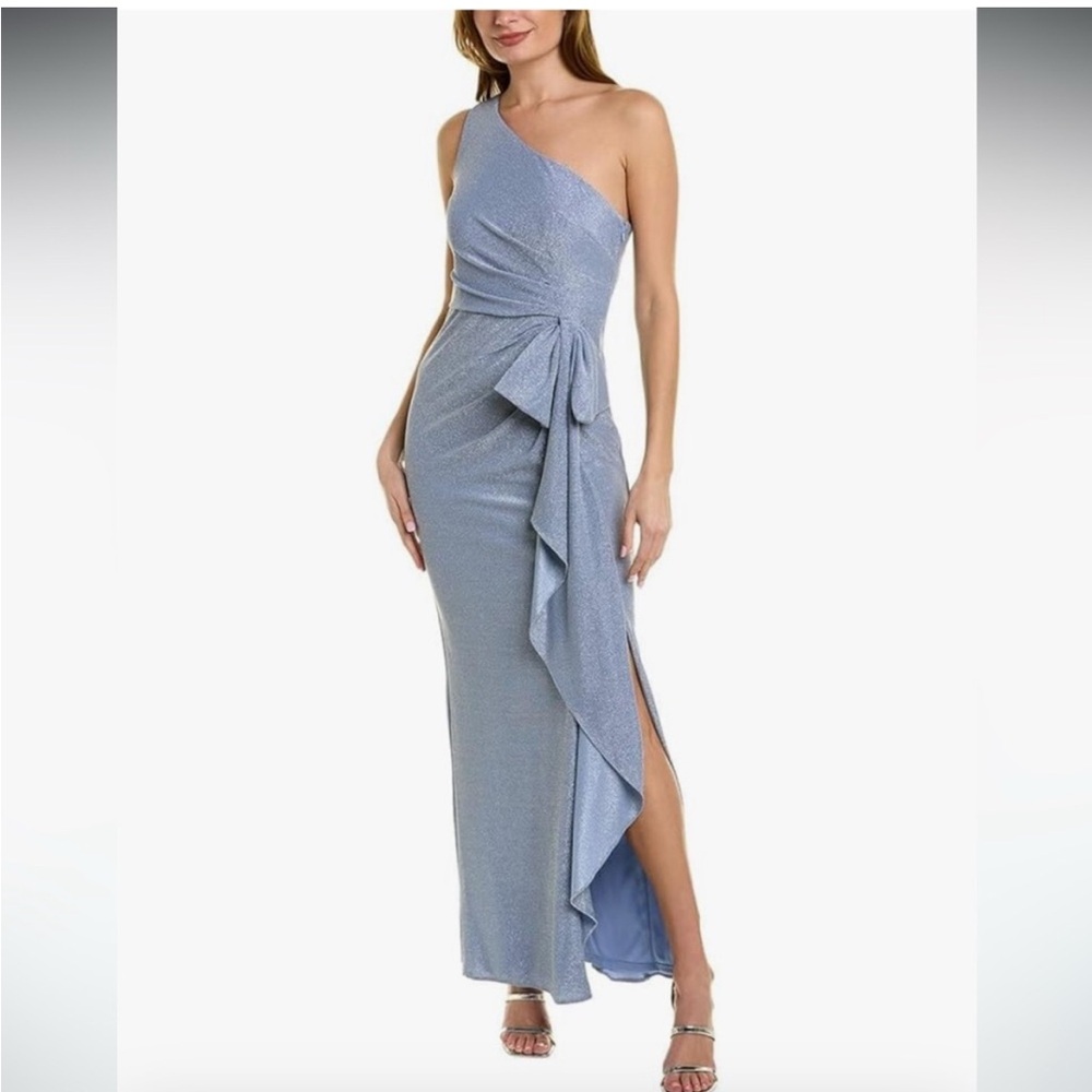 Adrianna Papell One-Shoulder Sparkle Maxi Dress in Light Blue